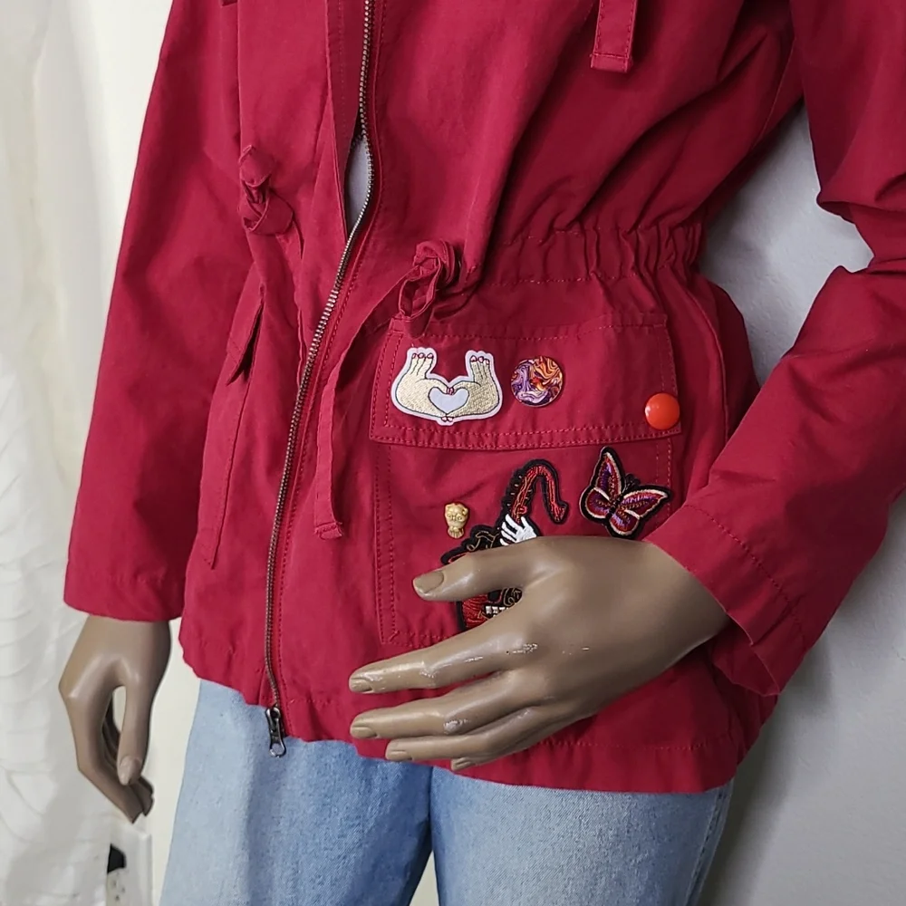 Jacket Size Medium Burgundy Red Cotton Hoodie Upcycled Patches Unique Gift Fun - Picture 4 of 9